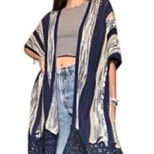 Chicos L / XL Open Front Long Duster Cardigan Blue Striped Sweater Crochet Boho
